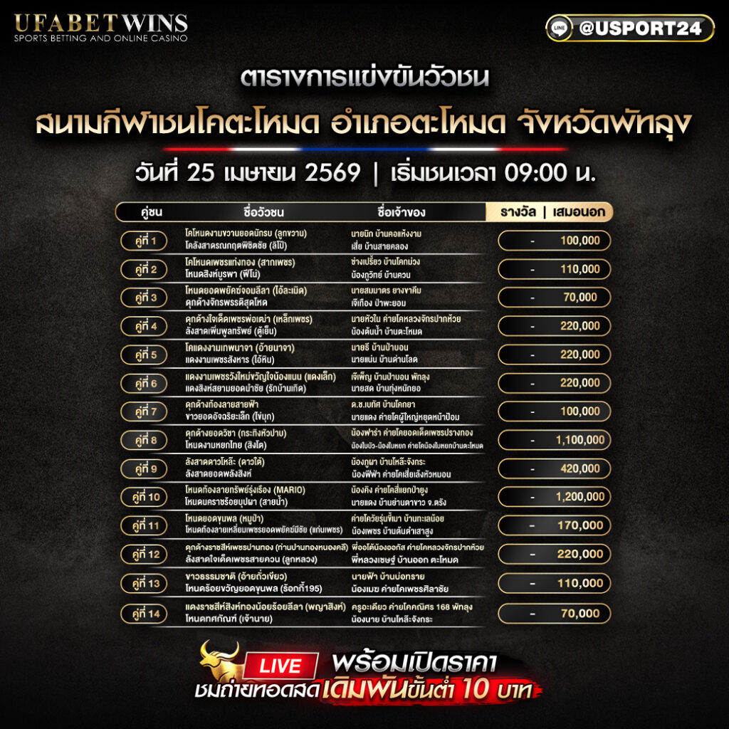 โปรแกรมวัวชน สนามกีฬาชนโคตะโหมด