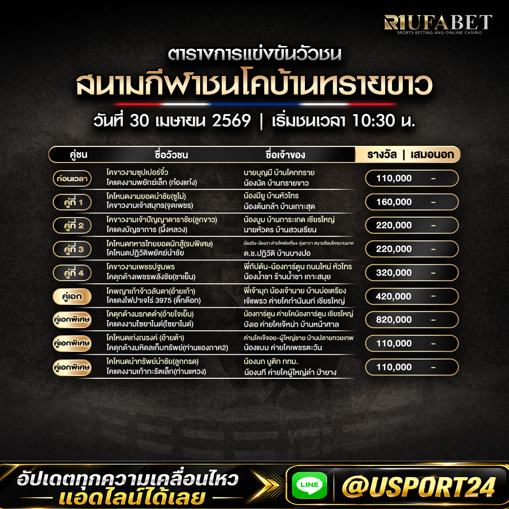 โปรแกรมวัวชนบ้านทรายขาว วันที่ 30 เมษายน 2569