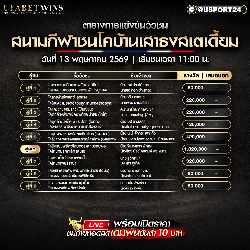 โปรแกรมวัวชน สนามกีฬาชนโคบ้านเสาธงสเตเดี้ยม 13 พ.ค. 2569