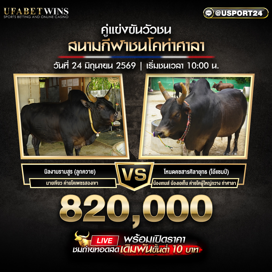 โปรแกรมวัวชน สนามกีฬาชนโคท่าศาลา วันที่ 24 มิ.ย. 2569 | เริ่มชนเวลา 10:00 น.