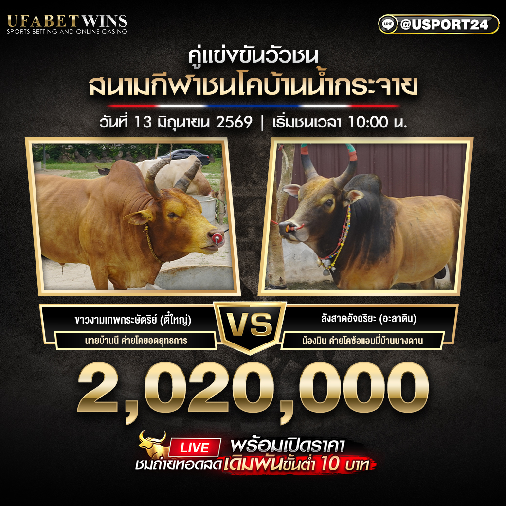 โปรแกรมวัวชน วันที่ 13 มิ.ย. 2569 สนามชนโคบ้านน้ำกระจาย | เริ่มชนเวลา 10:00 น.