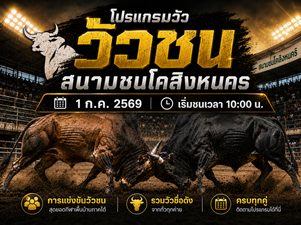 โปรแกรมวัว สนามชนโคสิงหนคร วันที่ 1 ก.ค 2569 | เริ่มชนเวลา 10:00 น.